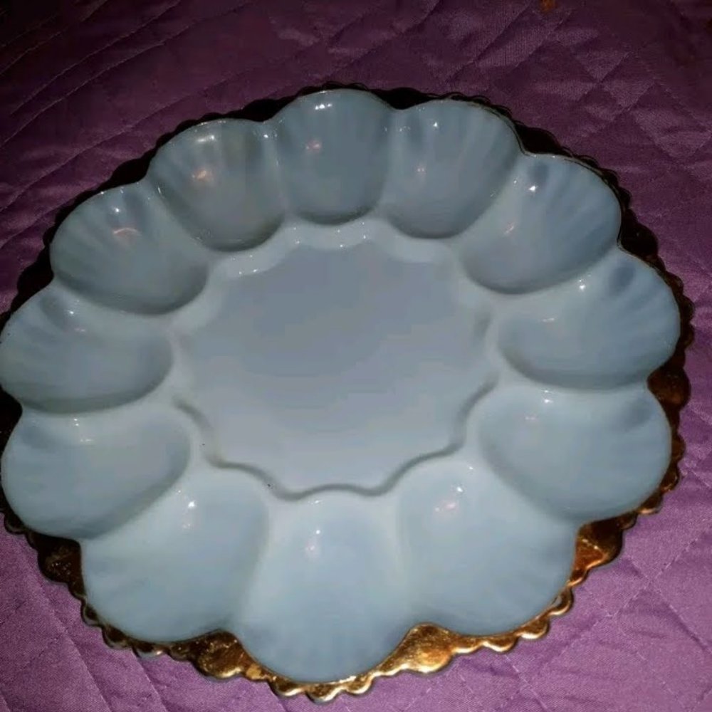 Vintage Fenton greenish bluewith gold trim egg Tray